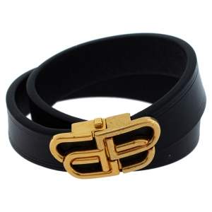 مملوكة مسبقًا Balenciaga Black Leather BB Double Wrap Bracelet M