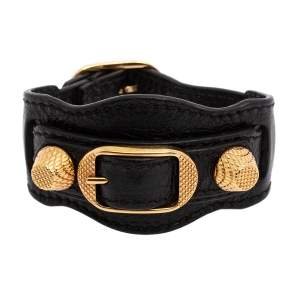 مملوكة مسبقًا Balenciaga Black Leather Arena Giant Studded Gold Tone Bracelet