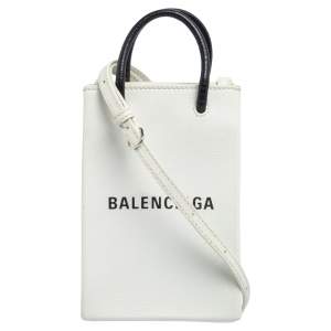Balenciaga White Leather Shopping Phone Holder Bag