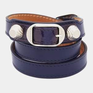 Balenciaga Navy Blue Leather Silver Tone Triple Tour Bracelet