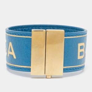 Balenciaga Blue Leather Logo Embossed Gold Tone Bracelet