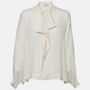 Pre Owned Balenciaga Cream Silk Crepe Neck Tie-Up Top S