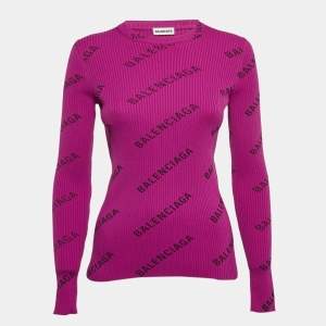 Balenciaga Purple Logo Print Rib Knit Full Sleeve T-Shirt S
