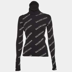 Balenciaga Black Logo Print Rib Knit Turtleneck Sweater M