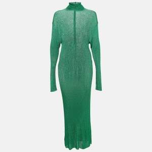 Balenciaga Green Metallic Rib Knit Turtle Neck Maxi Dress S