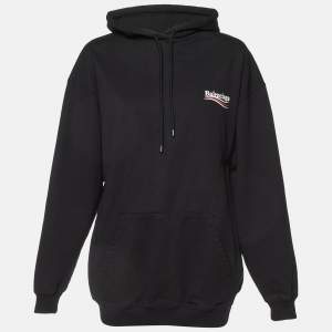 Pre Owned Balenciaga Black Logo Print Cotton Knit Hoodie XS