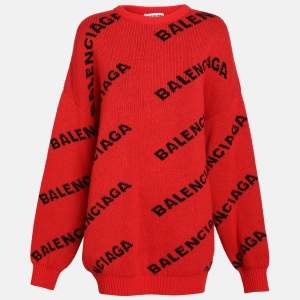 Pre Owned Balenciaga Red All Over Logo Intarsia Wool Knit Oversized Sweater L