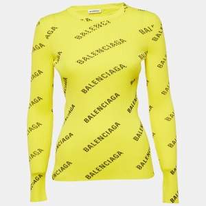 Balenciaga Yellow Logo Print Rib Knit Full Sleeve Top M