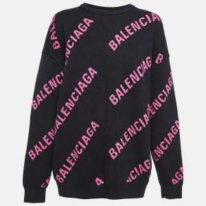 Balenciaga Black Monogram Patterned Cotton & Wool Blend Knit Sweatshirt M