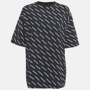 Pre Owned Balenciaga Black Logo Print Cotton Knit Oversized Crew Neck T-Shirt M
