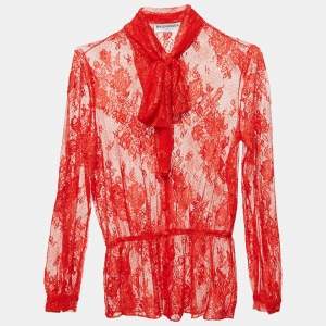 Balenciaga Red Sheer Lace Neck Tie-Up Top M