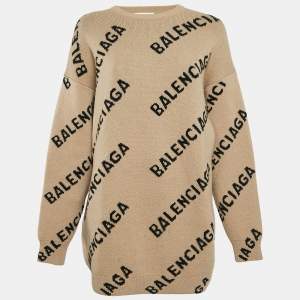 Pre Owned Balenciaga Caramel Brown Allover Logo Wool Oversized Sweater M