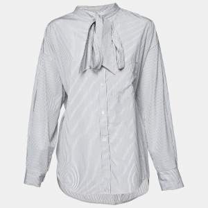 Pre Owned Balenciaga Black/White Logo Print Stripe Cotton Oversized Shirt S