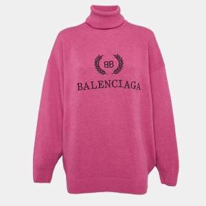 Pre Owned Balenciaga Pink Logo Embroidered Wool Rib Knit Turtleneck Sweater XS