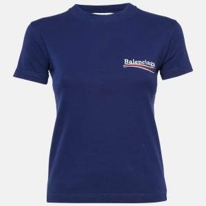 Pre Owned Balenciaga Blue Logo Embroidered Cotton Political Campaign T-Shirt XS