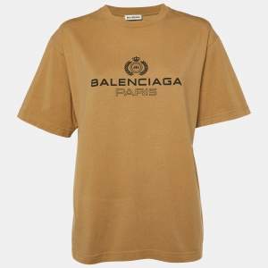 Balenciaga Beige Logo Print Cotton Crew Neck T-Shirt S