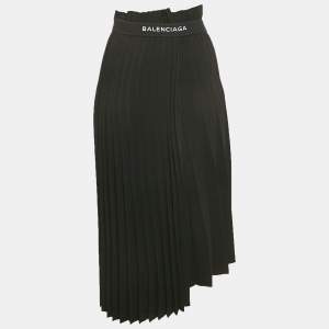 Balenciaga Black Plisse Raw Edge Faux Wrap Midi Skirt S