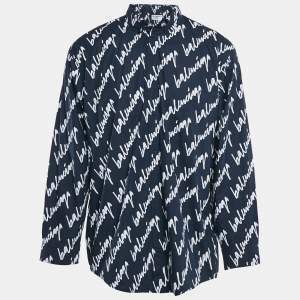 Pre Owned Balenciaga Midnight Blue Logo Print Cotton Unisex Oversized Shirt M