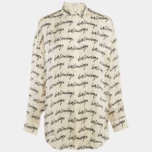 Balenciaga White Logo Print Jacquard Silk Button Front Blouse S