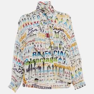 Pre Owned Balenciaga Multicolor Silk Logo Print Tie-Up Neck Detail Blouse S