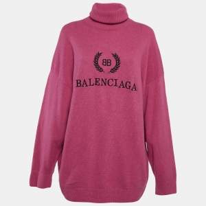 Balenciaga Pink Logo Embroidered Wool Knit Turtle Neck Sweater M