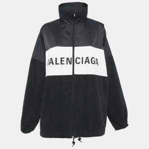 Balenciaga Black Logo Print Nylon and Denim Zip-Up Oversized Jacket S