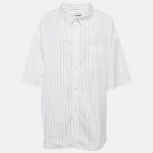 Balenciaga White Logo Printed Stripe Cotton Button Front Oversized Shirt S