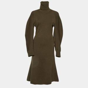 Balenciaga Green Wool Knit Turtle Neck Midi Dress S