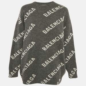 Balenciaga Grey Logo Intarsia Wool Knit Sweater S