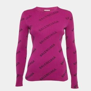 Balenciaga Purple Logo Print Rib Knit Long Sleeve Jumper M