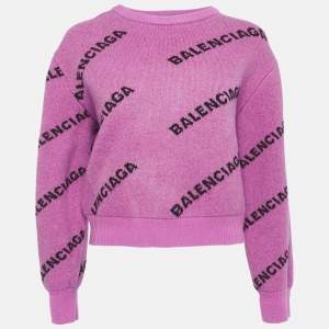 Balenciaga Pink Logo Intarsia Wool Crewneck Sweatshirt M