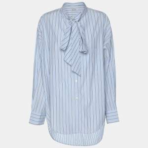 Balenciaga Blue Striped Cotton Logo Print Oversized Shirt S