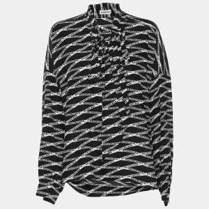 Balenciaga Black Zig Zag Logo Printed Silk Neck Tie Detail Top M
