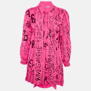 Balenciaga Fluorescent Pink Graffiti Print Chiffon Pleated Mini Dress S