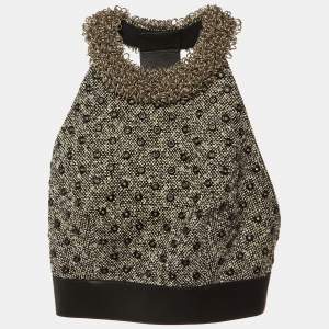 Balenciaga Black/White Eyelet and Ring Embellished Tweed Halter Neck Top M