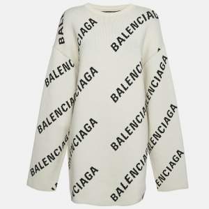Balenciaga Off-White Monogram Jacquard Knit Crew Neck Sweater S