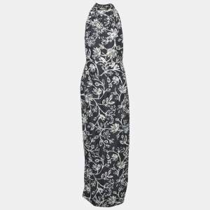 Balenciaga Navy Blue Floral Print Crepe Silk Sleeveless Gown L
