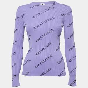 Balenciaga Purple All-Over Print Rib Knit Crewneck Sweater M