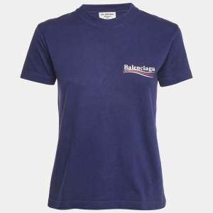 Balenciaga Ink Blue Logo Print Cotton Crew Neck T-Shirt M 