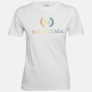 Pre Owned Balenciaga White Logo Embroidered Jersey T-Shirt S