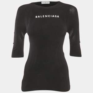 Pre Owned Balenciaga Black Logo Print Mesh Trim Jersey Fitted Top S