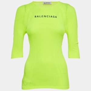 Pre Owned Balenciaga Acid Green Logo Print Mesh Jersey Fitted Top S