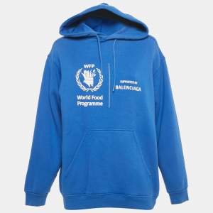 Pre Owned Balenciaga Blue World Food Programme Logo Print Cotton Hoodie XS