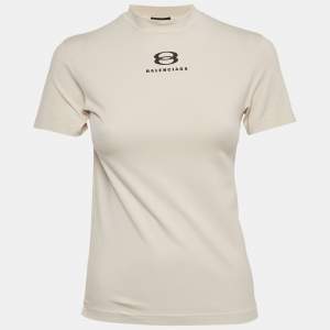 Pre Owned Balenciaga Beige Logo Print Jersey T-Shirt S