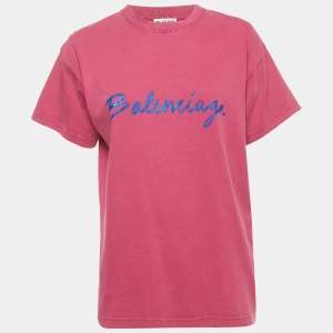 Balenciaga Pink Logo Print Cotton Distressed T-Shirt XS 