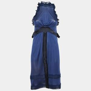 Balenciaga Navy Blue Silk Knit Ruffle Knit Mini Dress M