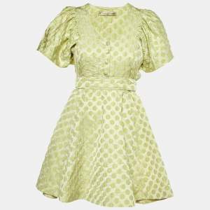 Pre Owned Balenciaga Green Dotted Silk Jacquard Midi Dress M