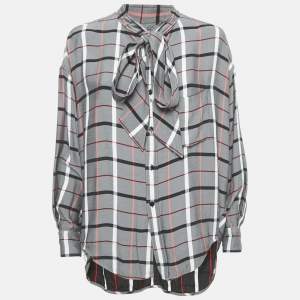 Pre Owned Balenciaga Grey Checkered Print Crepe Front Tie-Up Blouse S 