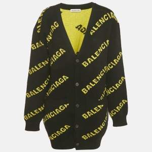 Pre Owned Balenciaga Black Logo Intarsia Wool Knit Long Cardigan L
