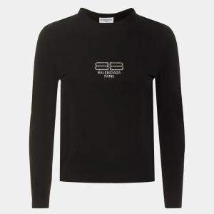 Pre Owned Balenciaga Unisex Black Logo Rhinestone Jersey Fitted T-Shirt M